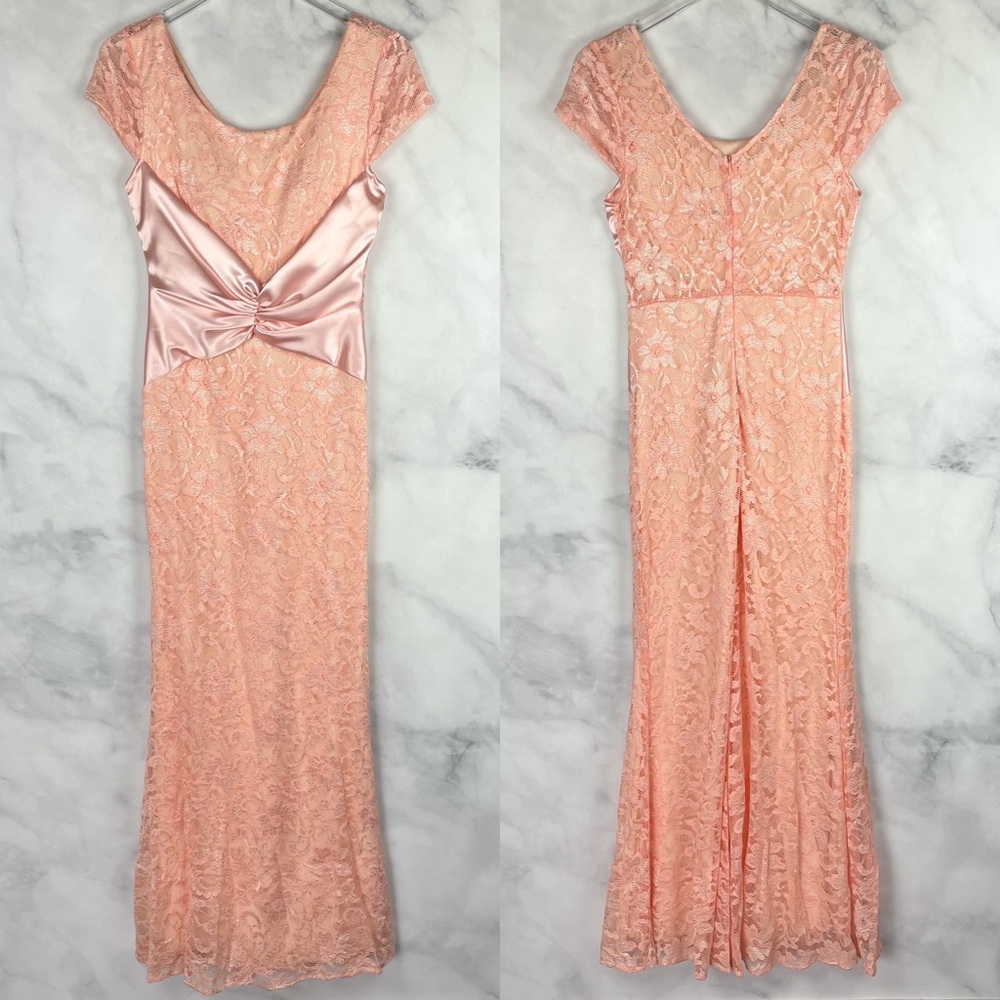 Vintage Rory Lace Capsleeve Mermaid Floor Length Maxi Gown Blush Pink 90s Retro